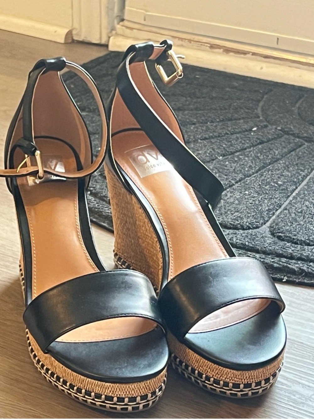 DV by Dolce Vita Black Leather Ankle-Strap Wedge Sandals